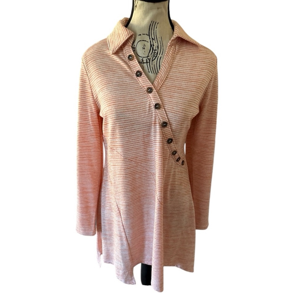 Soft Surroundings Peach Stripe Button Tunic Top XS Collared Asymmetrical Hem
